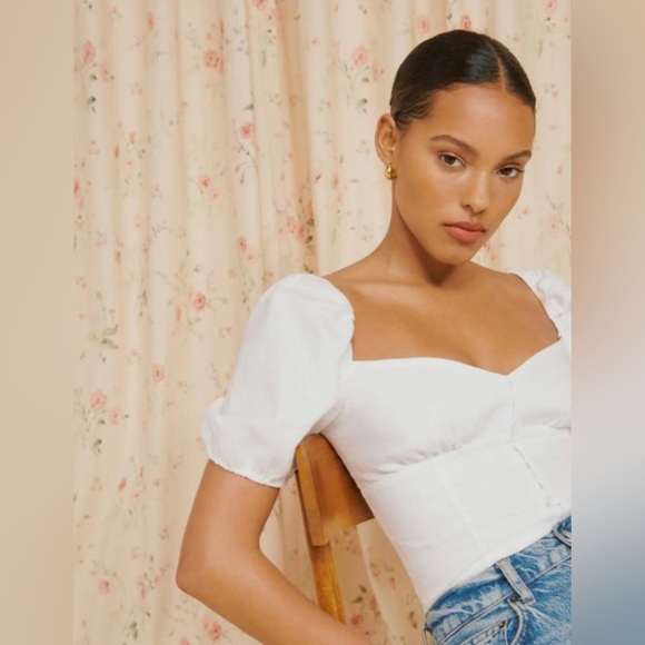 Reformation Rome White 100% Linen Puff Sleeve Smocked Cropped Peasant Top 12 - Picture 9 of 16